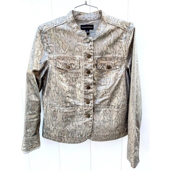 Dana Buchman Women Jacket Sz 6 Metallic Gold Snakeskin Print Stretch Denim NWOT - Picture 1 of 6